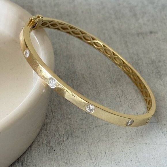 Rachel Zoe 925 Sterling Silver Gold Plated Bangle Bracelet w 5 CZ studs - Picture 14 of 16